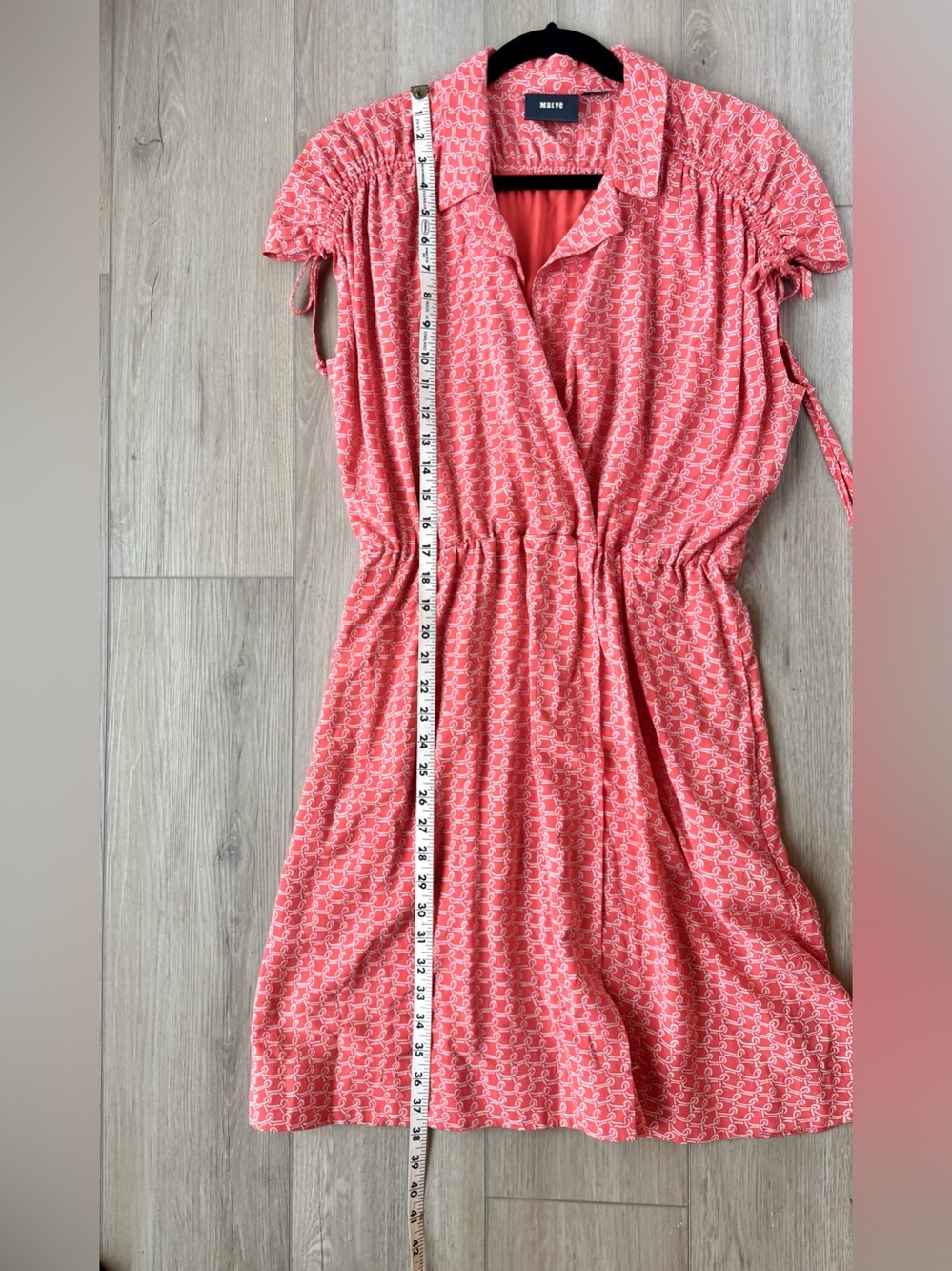 Anthro Maeve Carlotta Ruched Shirtdress Coral Print Tie Sleeve Sz S EUC flirty - Picture 16 of 16